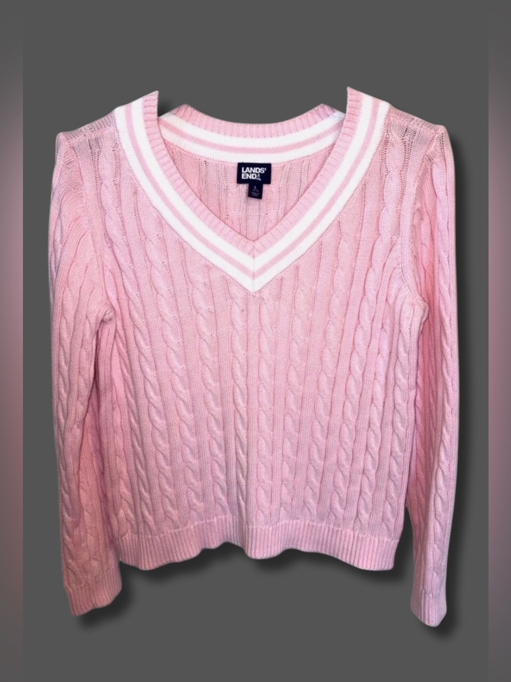 Lands’ End Cable Knit Sweater L 12-14 Pink White Stripe V Neck Cotton